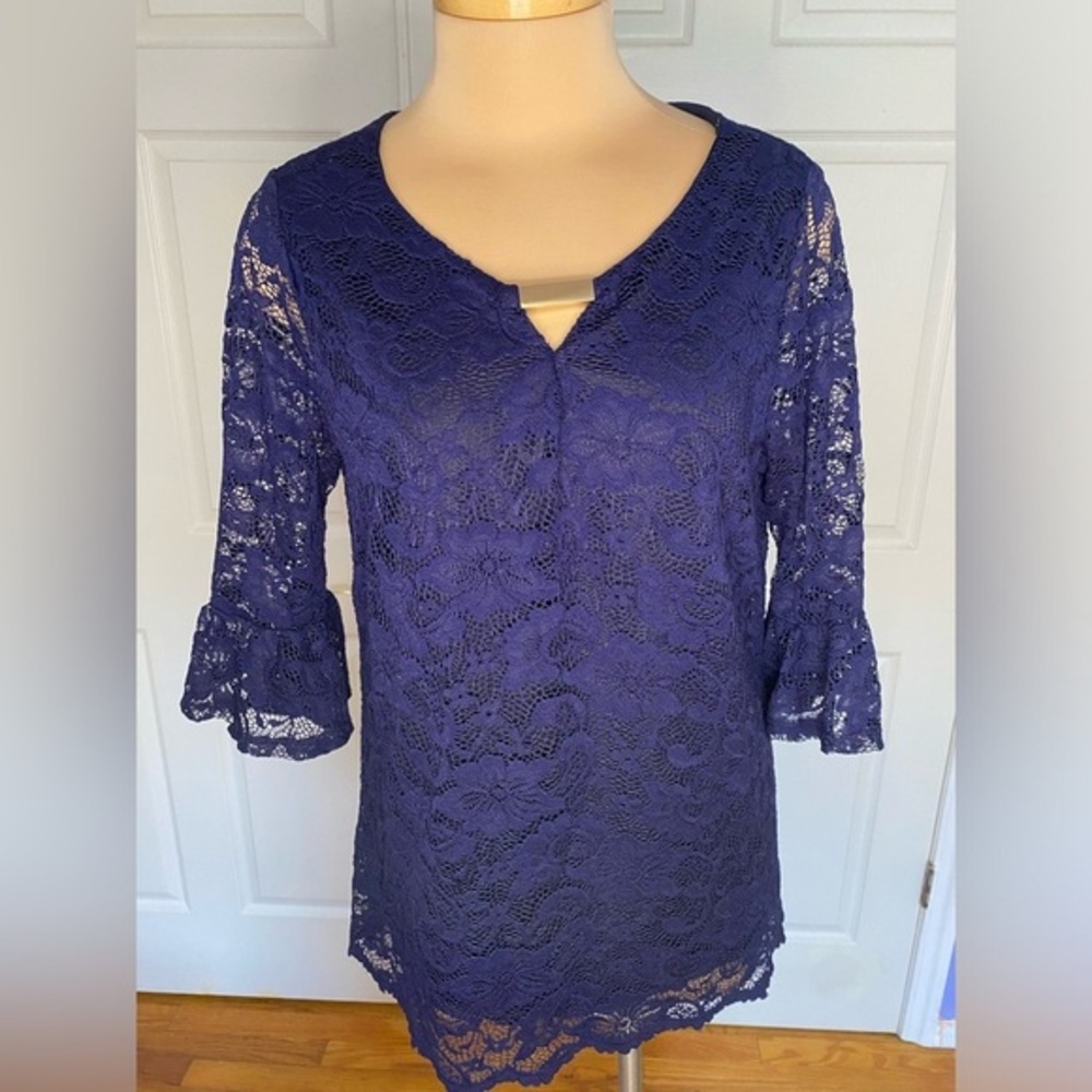 NAIF Women’s Top – Size M | Navy Blue Lace Blouse |